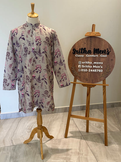 SM0626-01-02 Beige & Purple Design Printed Linen Blend Kurta