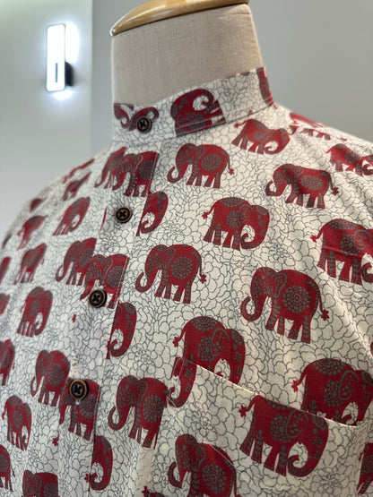 SM1025-16-05 White Base Red Elephant Print Short Cotton Kurta