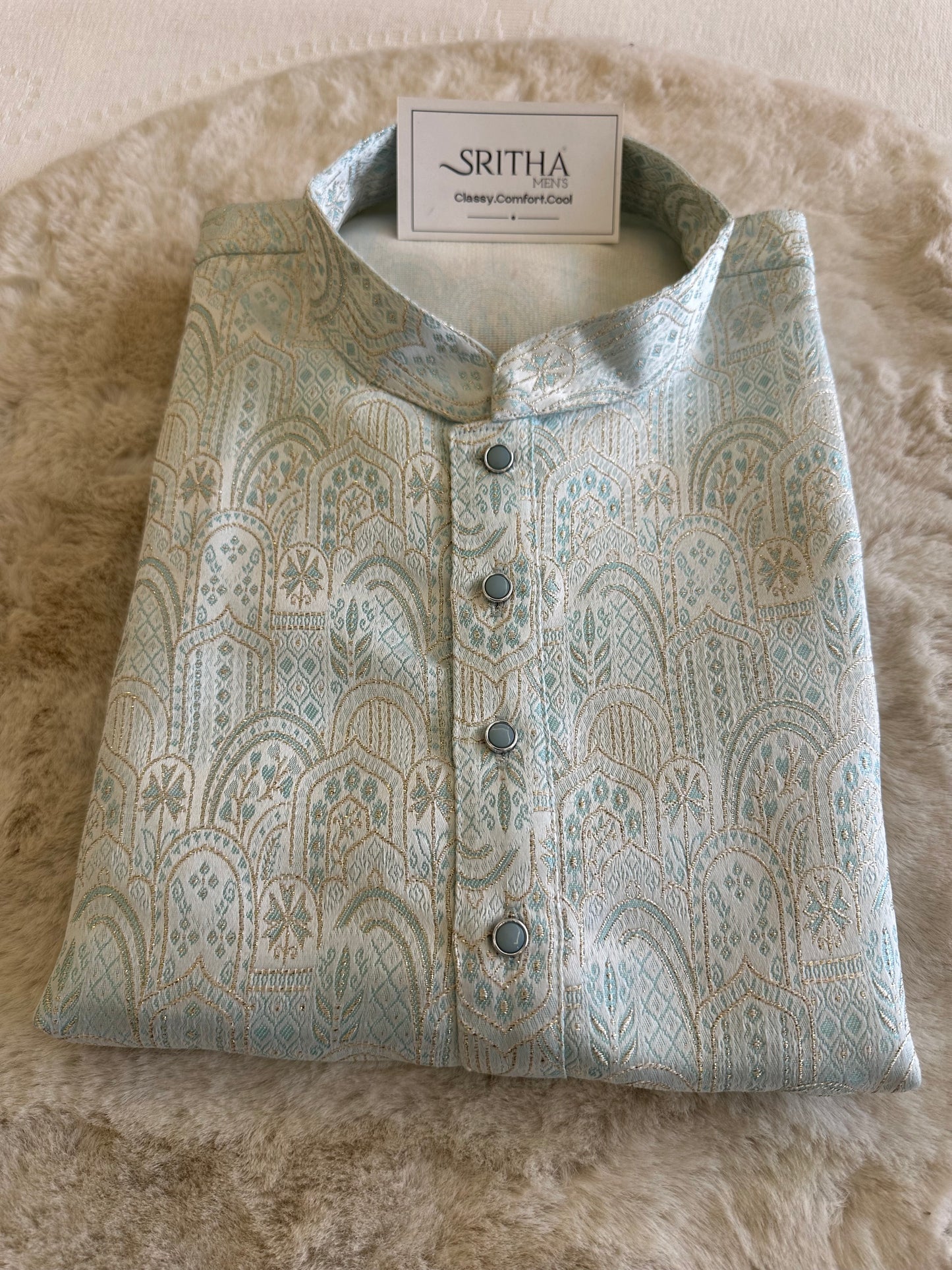 SM0526-02-04 Dual Shade Blue With Golden Lining Jacquard Silk Kurta Set