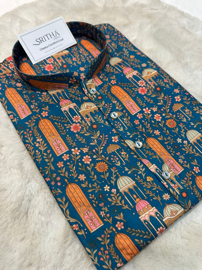 SM0726-01-07 Teal Base Printed Soft Cotton Kurta