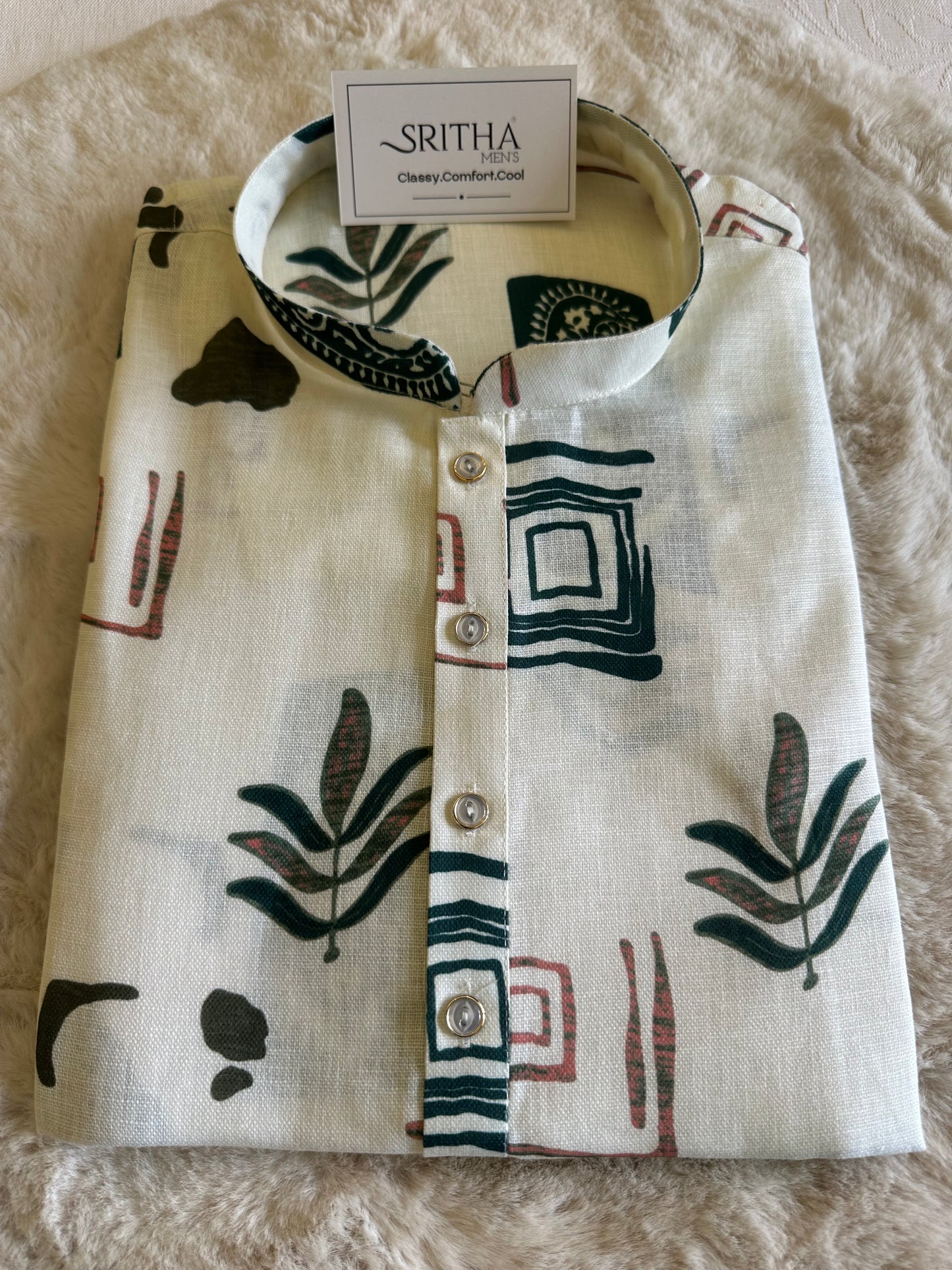 SM0626-01-04 Off White & Green Design Printed Linen Blend Kurta