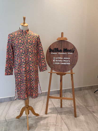 SM1225-01-09 Grey Floral Khadi Silk Kurta