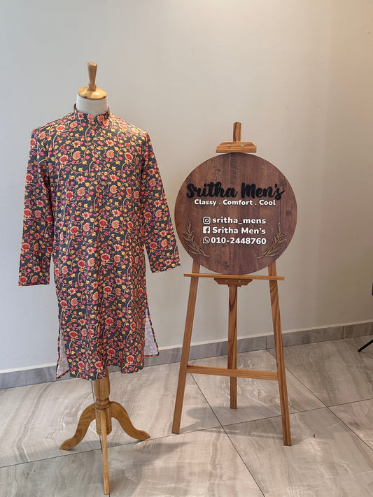 SM1225-01-09 Grey Floral Khadi Silk Kurta