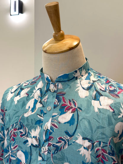 SM0626-01-01 Blue & White Floral Design Printed Linen Blend Kurta
