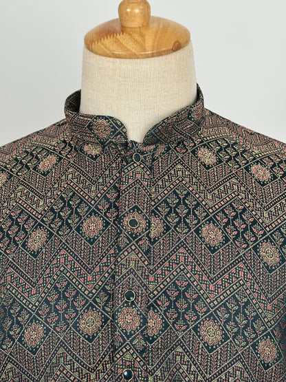 SM0826-02-16 Dark Green Heavy Design Jacquard Silk Blend Kurta Set