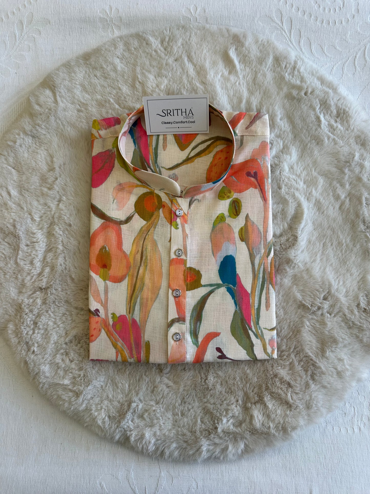 SM0626-01-05 Cream Based Multi Shade Printed Linen Blend Kurta