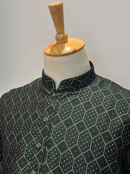 SM0826-02-09 Bottle Green & Gold Jacquard Silk Blend Kurta Set