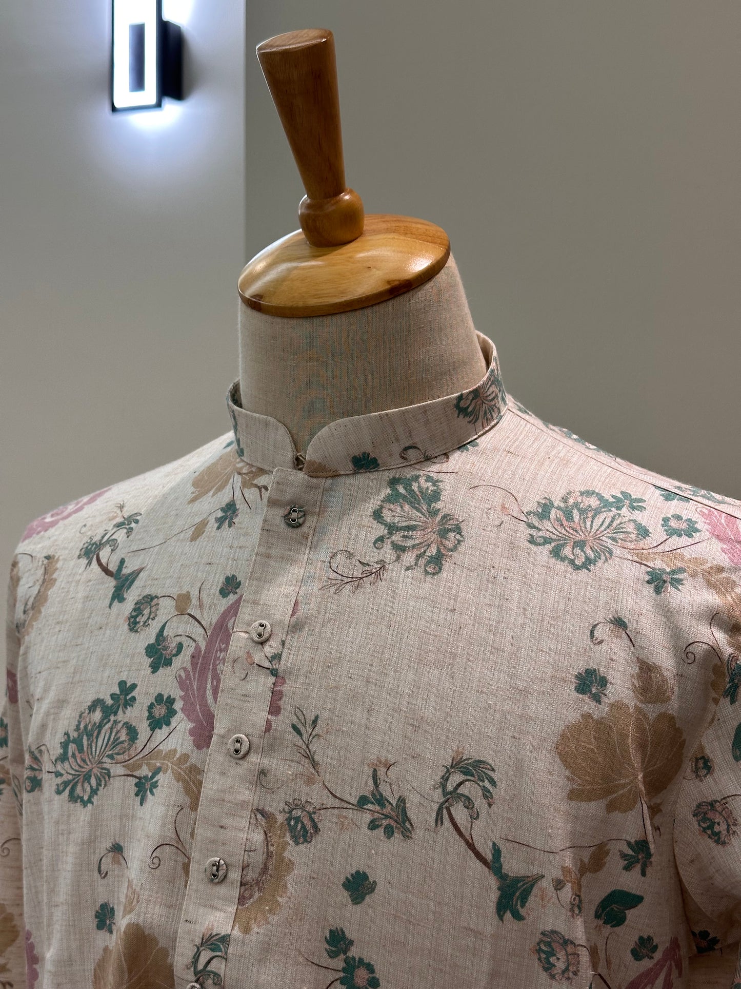 SM0226-01-04 Beige With Blue Pink Cotton Linen Kurta Set