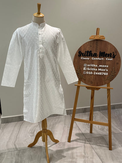 SM0525-02-21 White & Silver Soft Silk Blend Kurta Set