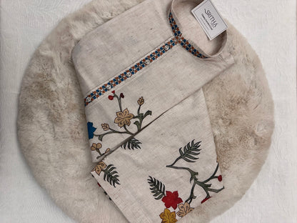 SM0226-01-02 Beige With Blue Orange Floral Cotton Linen Kurta Set