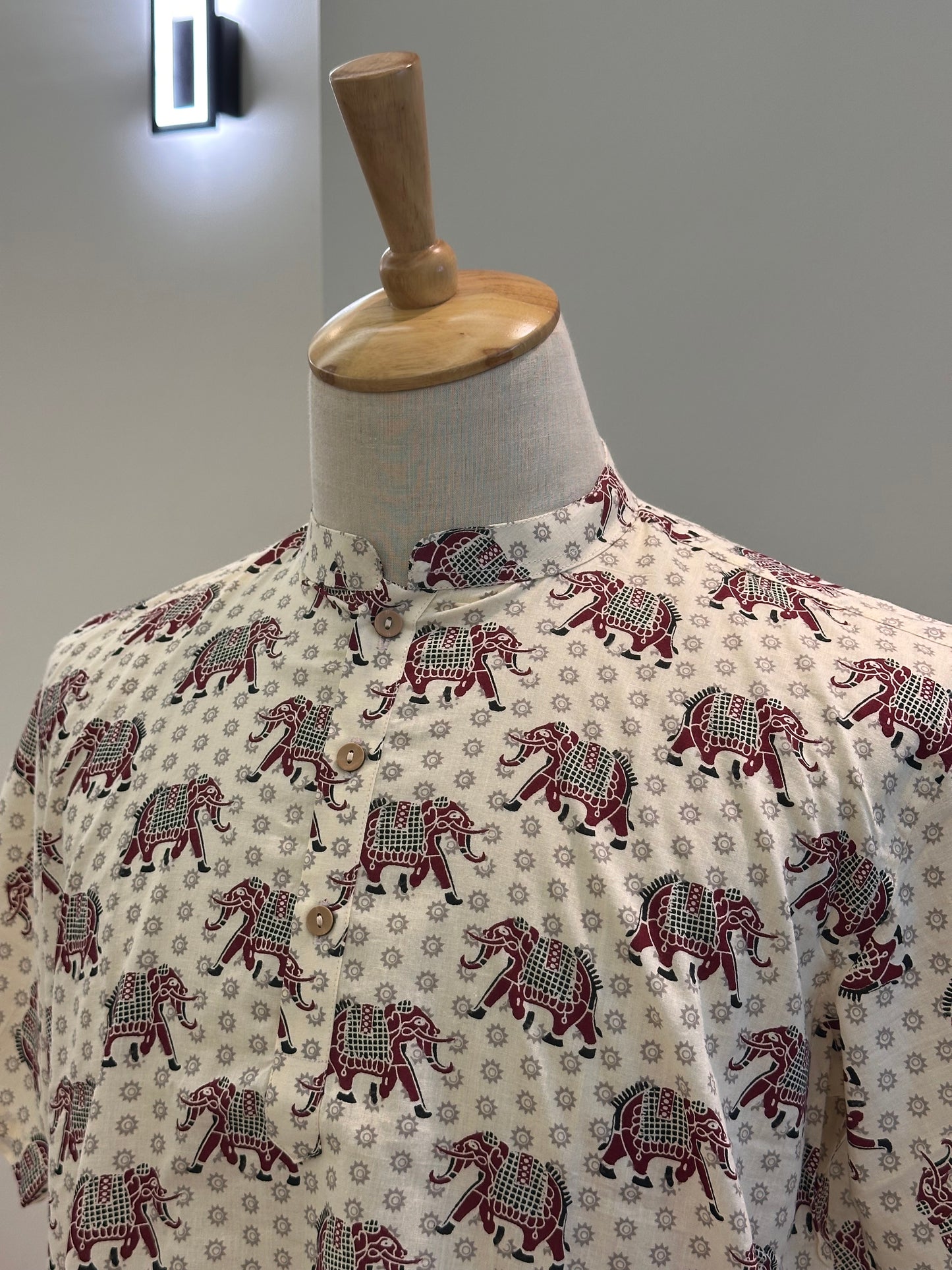 SM1025-18-07 White & Red Elephant Short Cotton Kurta