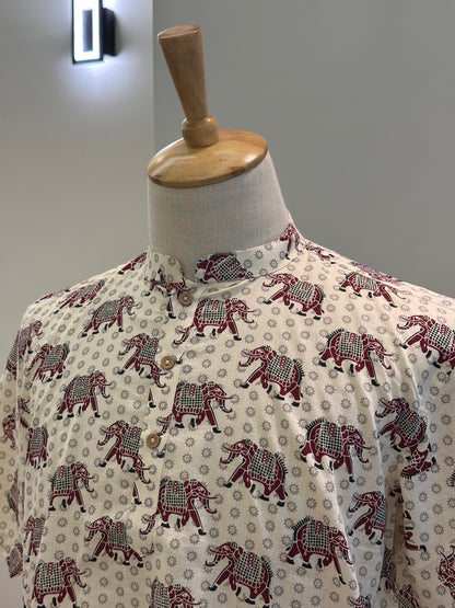 SM1025-18-07 White & Red Elephant Short Cotton Kurta