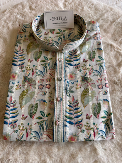 SM1225-01-10 White Base & Leaves Soft Cotton Silk Kurta