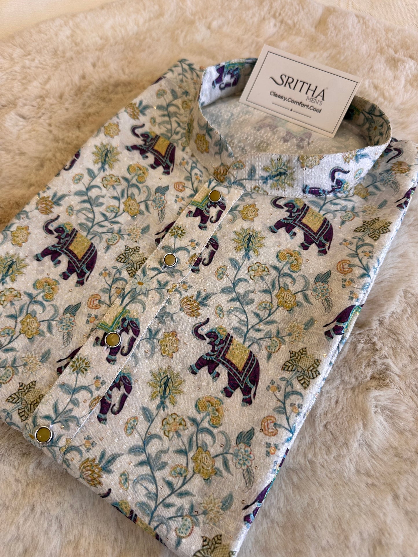 SM1125-02-06 Off White Blue Elephant Print Soft Silk Blend Kurta Set