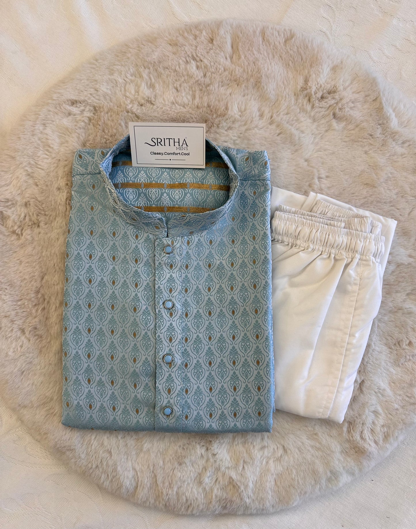 SM1125-02-08/18 Sky Blue Blue & Gold Soft Jacquard Kurta Set