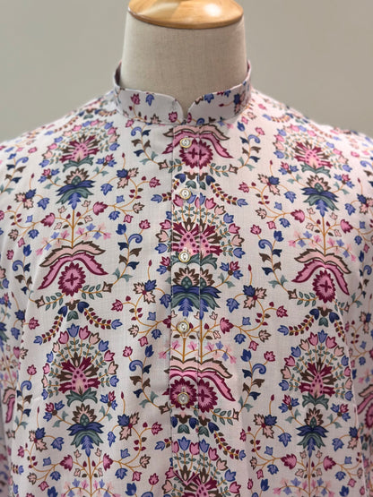 SM0925-01-11 White & Pink Print Cotton Kurta