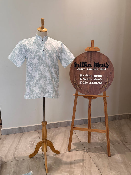 SM0326-18-06 White Green Leaf Print Short Cotton Kurta