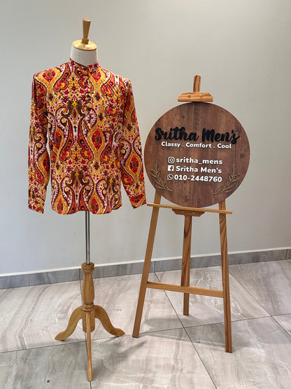 SM0525-16-21 Orange White Batik Long Sleeve Cotton Kurta