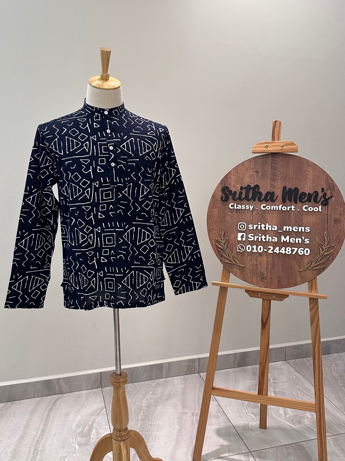 SM0525-15-08 Black & White Long Sleeve Short Cotton Kurta