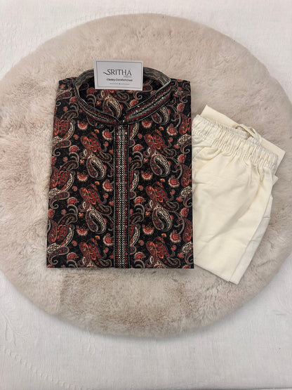 SM0326-06-07 Black & Red Paisley Design with  Sequins Soft Cotton Blend Kurta Set