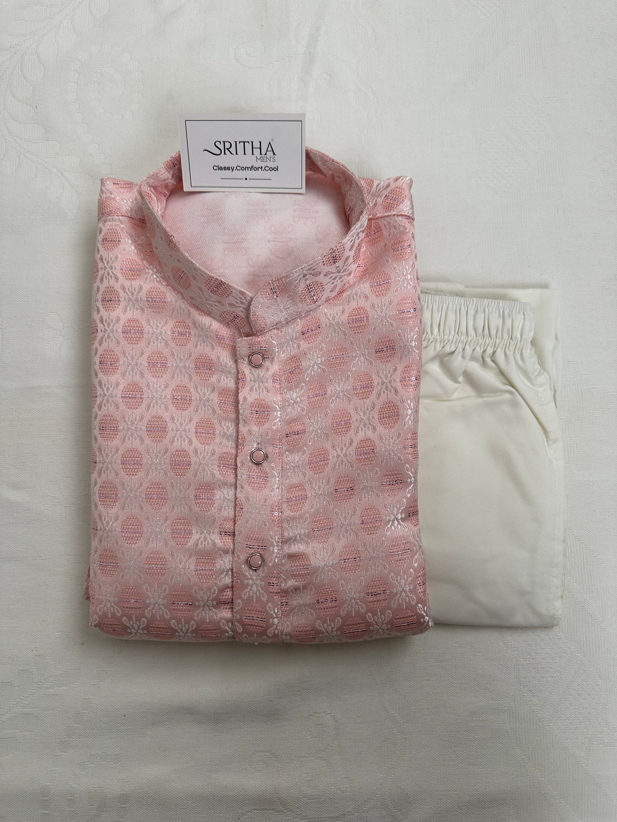 SM0626-02-05 Pastel Pink Sequins Jacquard Silk Blend Kurta Set