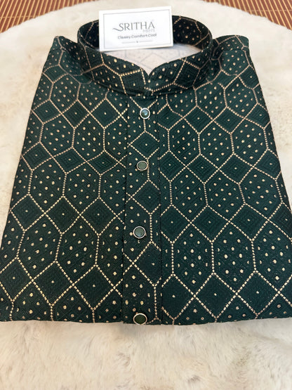 SM0826-02-09 Bottle Green & Gold Jacquard Silk Blend Kurta Set