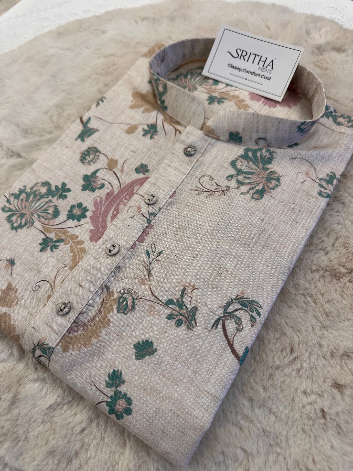 SM0226-01-04 Beige With Blue Pink Cotton Linen Kurta Set