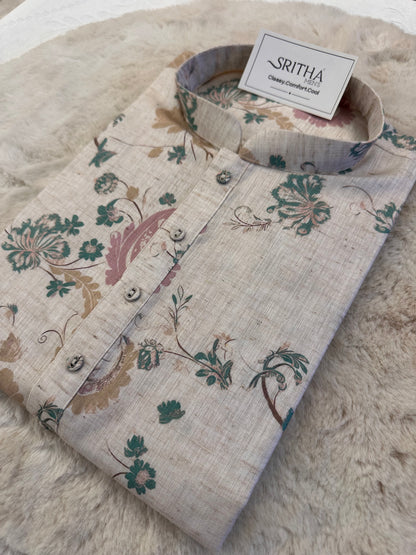 SM0226-01-04 Beige With Blue Pink Cotton Linen Kurta Set