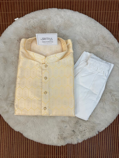 SM0626-02-14 Pastel Yellow & Silver Jacquard Silk Blend Kurta Set