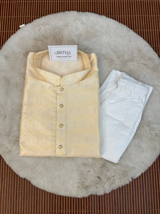SM0626-02-14 Pastel Yellow & Silver Jacquard Silk Blend Kurta Set