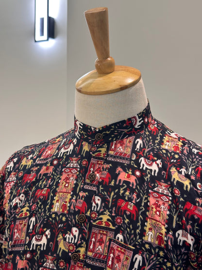 SM0326-16-02 Black Base Tribe Print Short Cotton Kurta