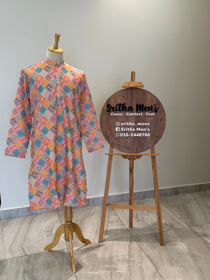 SM0625-01-03 Yellow Pink & Green Printed Cotton Kurta