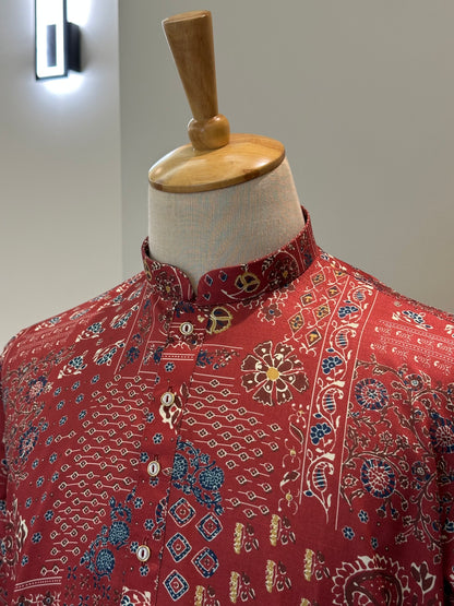 SM1225-01-01 Brick Red Floral Khadi Silk Kurta