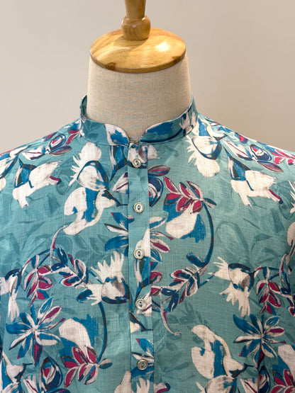 SM0626-01-01 Blue & White Floral Design Printed Linen Blend Kurta