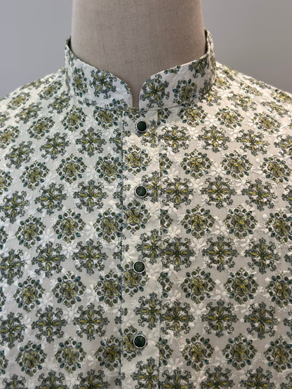 SM1125-02-03 White & Green Soft Cotton Kurta Set