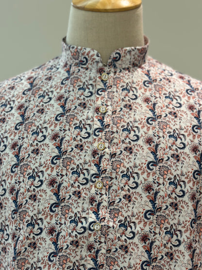 SM0625-01-14 White & Blue Floral Viscose Kurta
