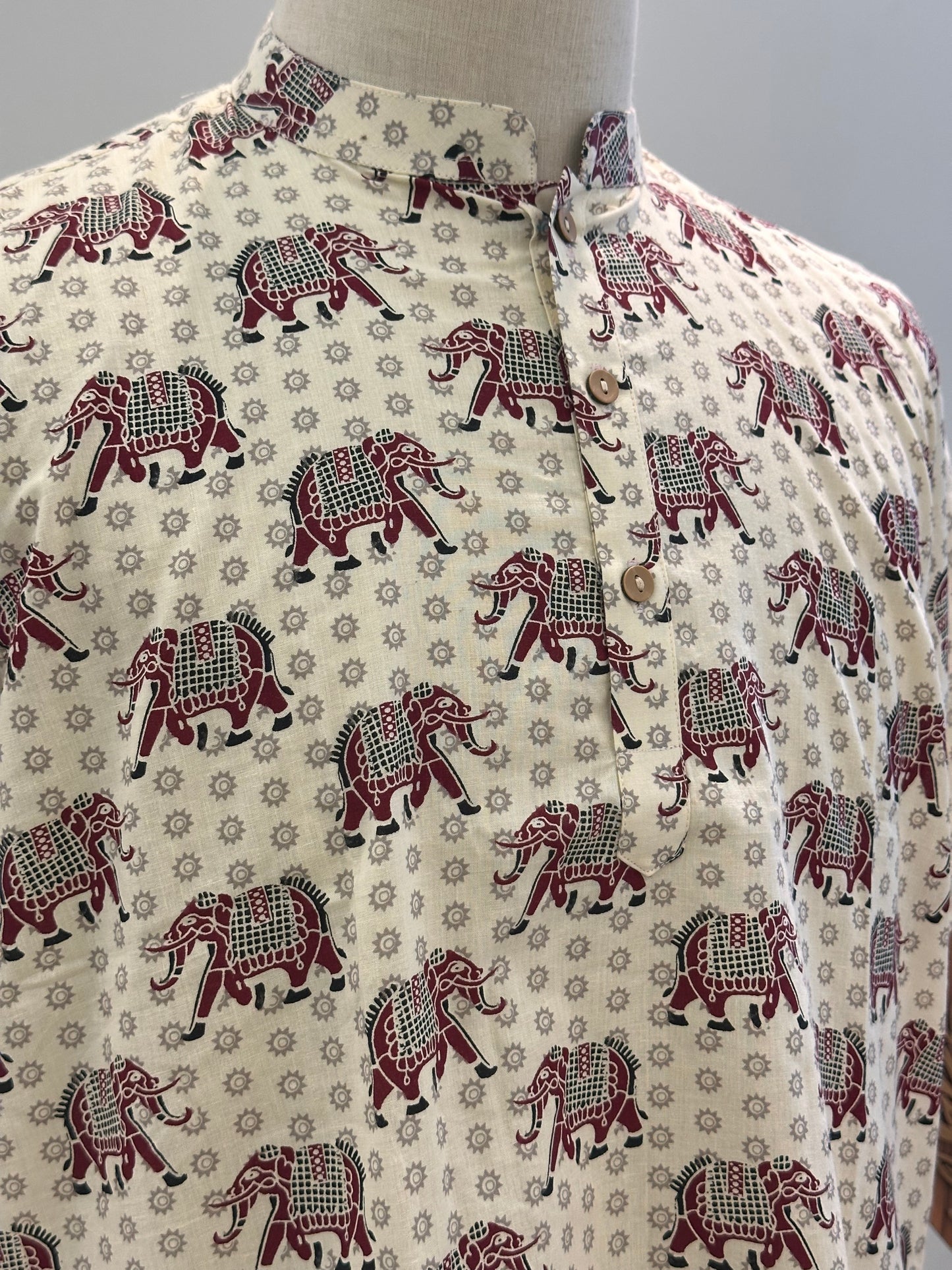 SM1025-18-07 White & Red Elephant Short Cotton Kurta