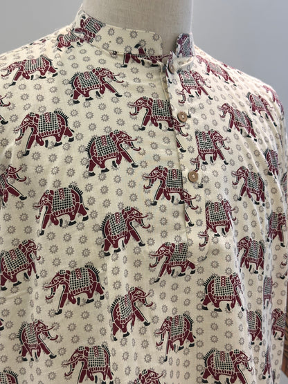 SM1025-18-07 White & Red Elephant Short Cotton Kurta