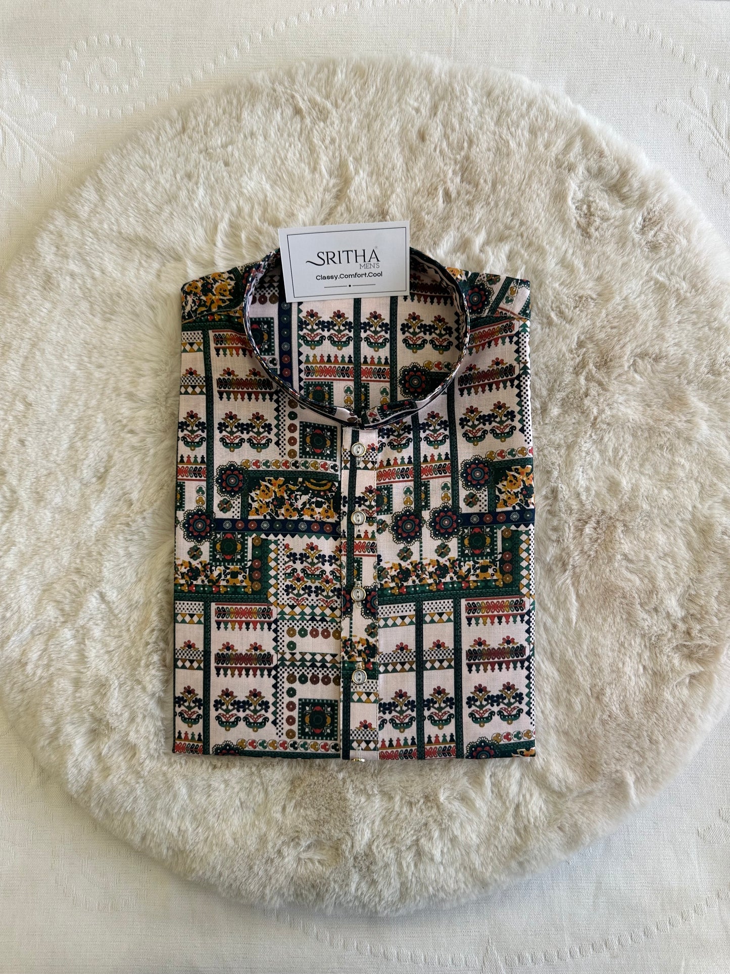 SM0925-01-15 Green & White Print Cotton Kurta