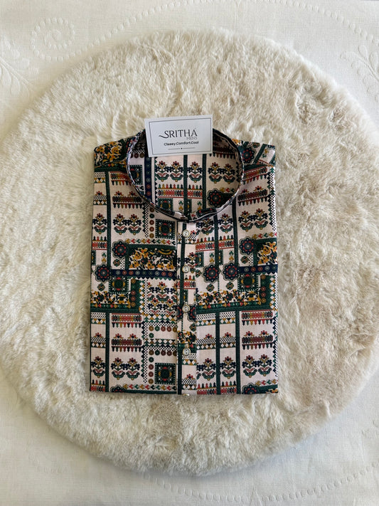 SM0925-01-15 Green & White Print Cotton Kurta