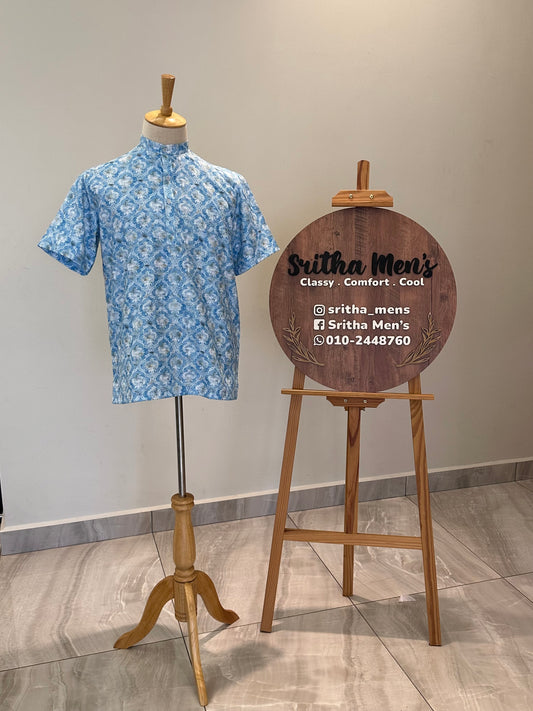 SM1025-18-01 Blue Floral Short Cotton Blend Kurta