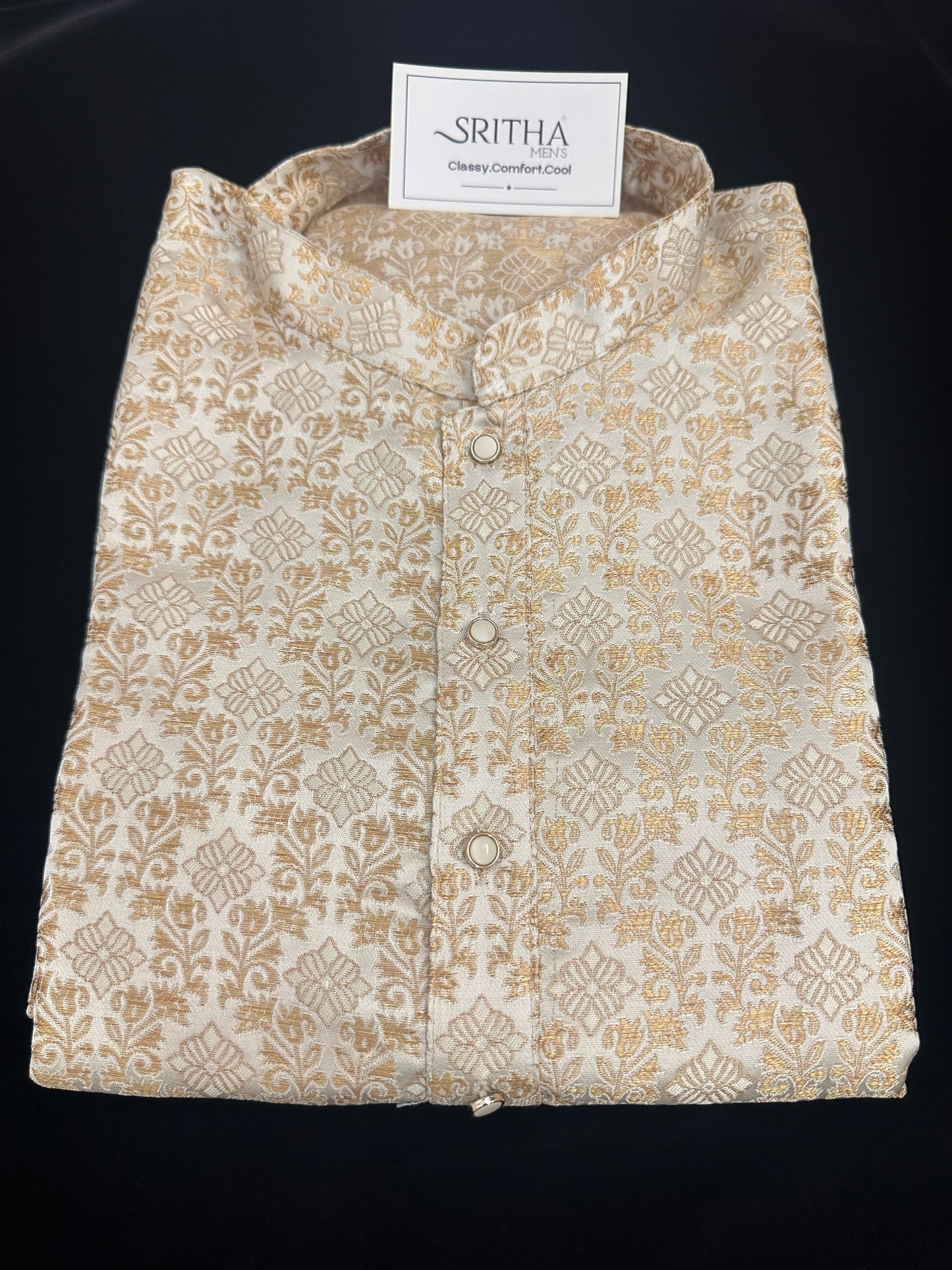 SM0626-02-15 Cream Based Gold Design Jacquard Silk Kurta Set