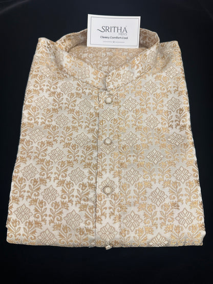 SM0626-02-15 Cream Based Gold Design Jacquard Silk Kurta Set