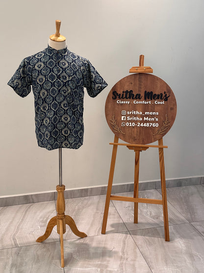 SM0326-16-04 Dark Blue Base Mandala Print Short Cotton Kurta