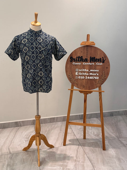 SM0326-16-04 Dark Blue Base Mandala Print Short Cotton Kurta