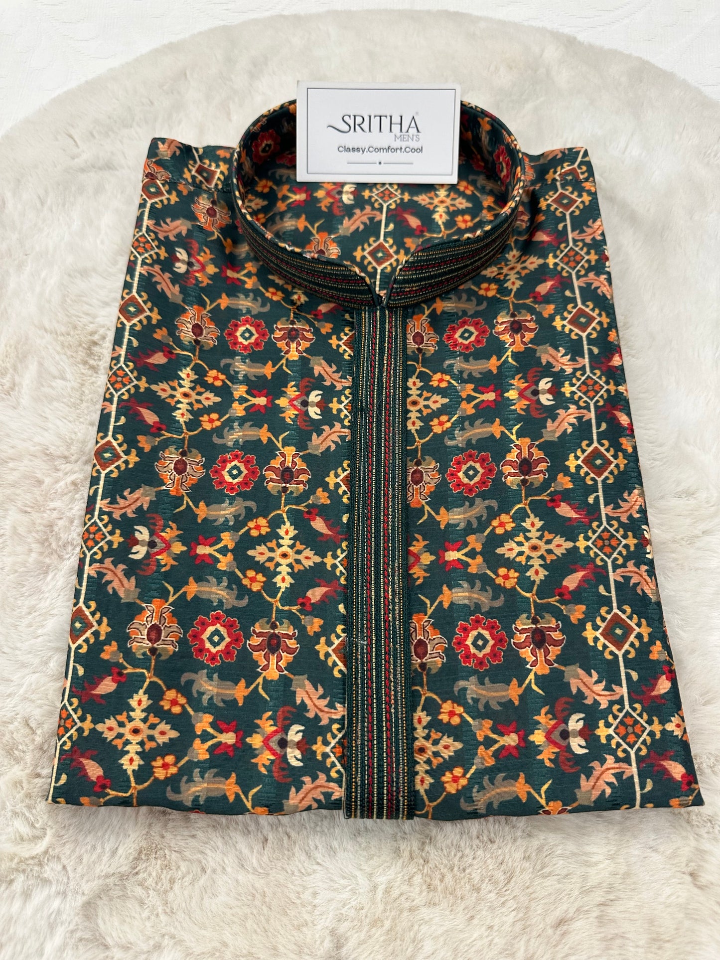 SM0925-01-01 Dark Green Floral Soft Cotton Silk Kurta