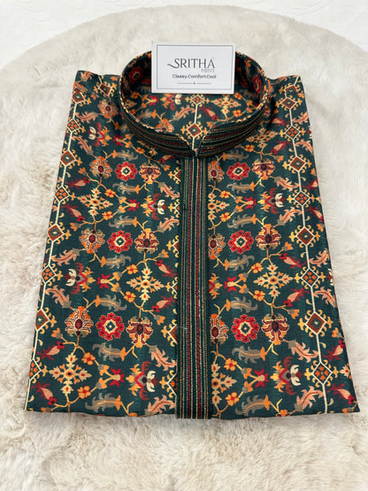 SM0925-01-01 Dark Green Floral Soft Cotton Silk Kurta