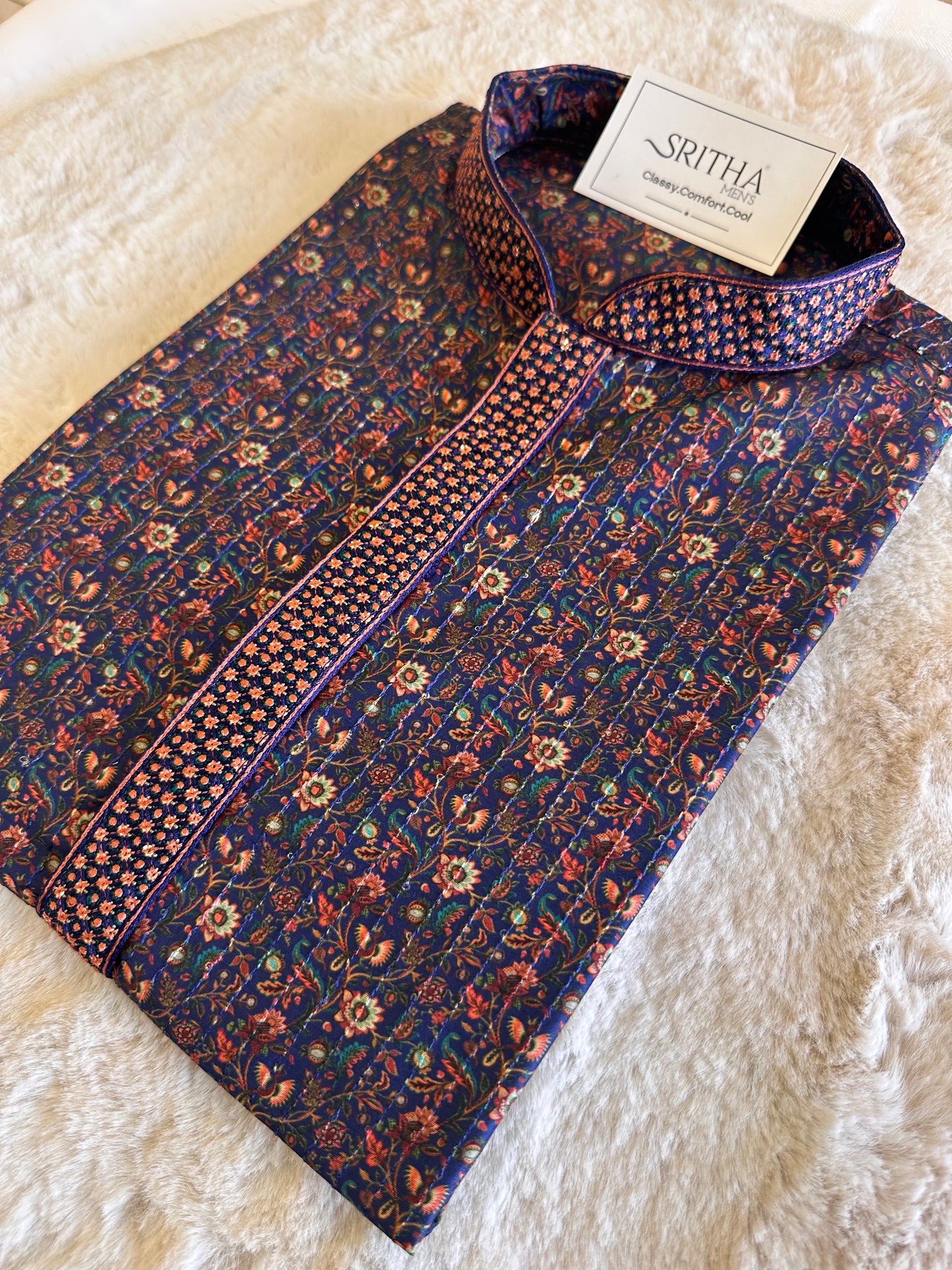 SM0326-06-04 Dark Blue & Red Floral With Sequins Soft Cotton Blend Kurta Set