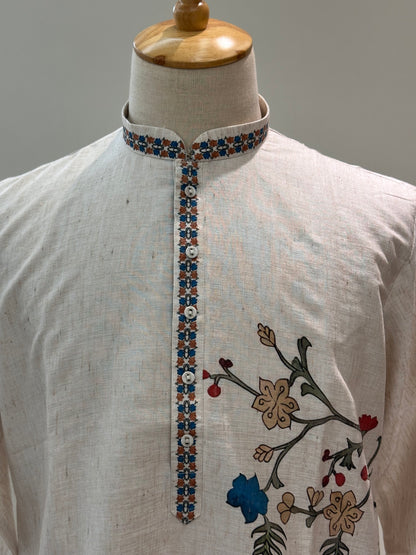 SM0226-01-02 Beige With Blue Orange Floral Cotton Linen Kurta Set