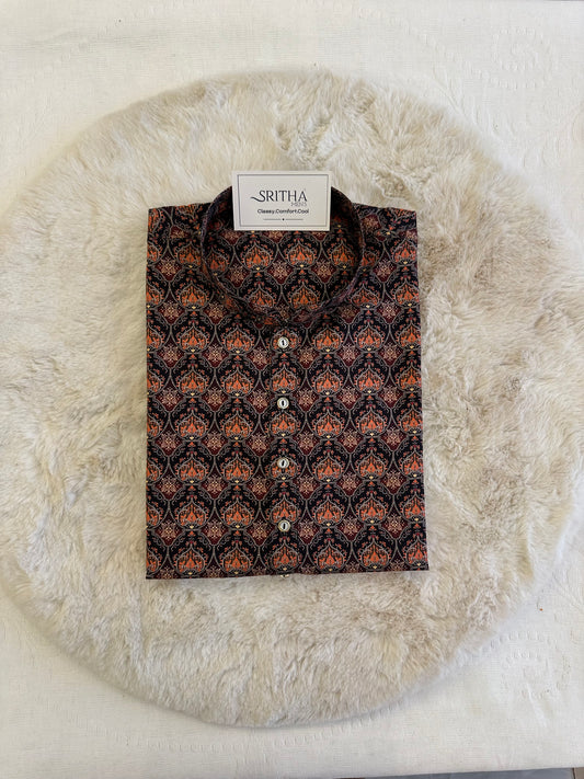 SM0625-01-12  Black & Orange Floral Khadi Silk Kurta